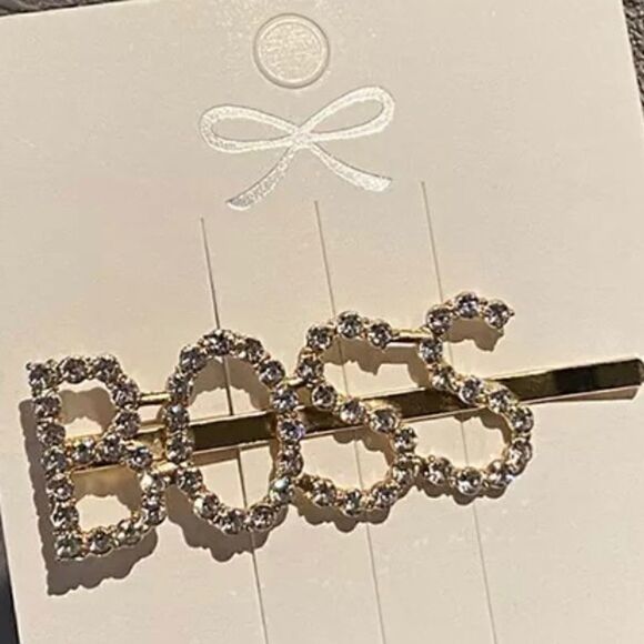 ⭐️ 18k Gold “Boss” Rhinestone Crystal Hair Pins Letter Barrettes Jewelry - Picture 2 of 3